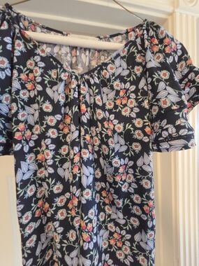 LOFT Navy Floral Peasant Blouse with Pink & Green Accents